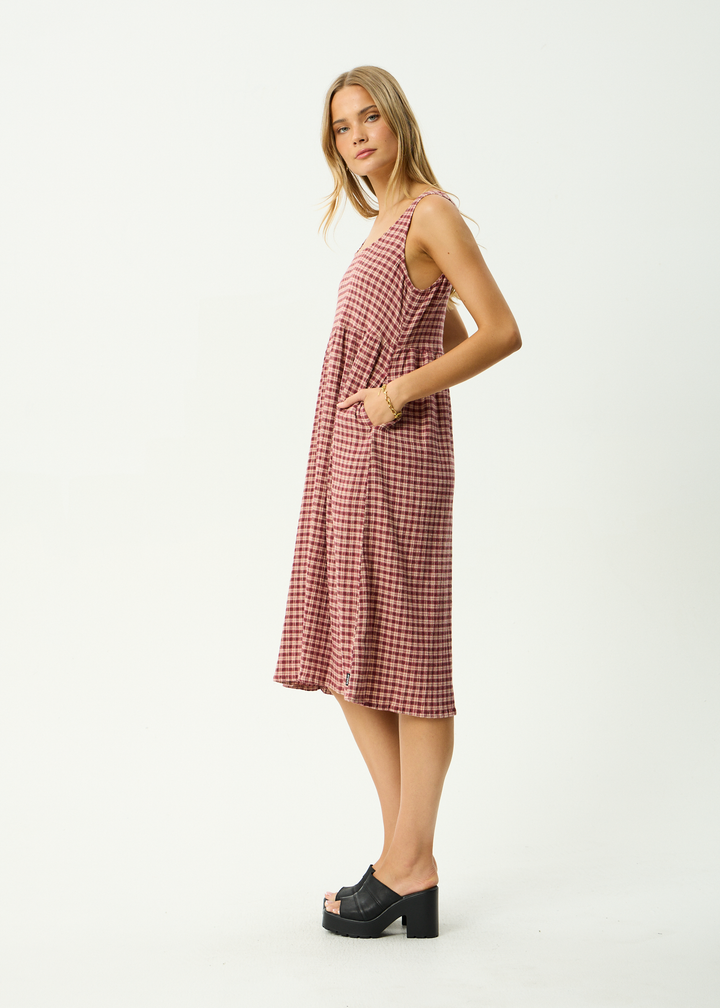 Capricorn Seersucker Midi Dress – Burgundy Check