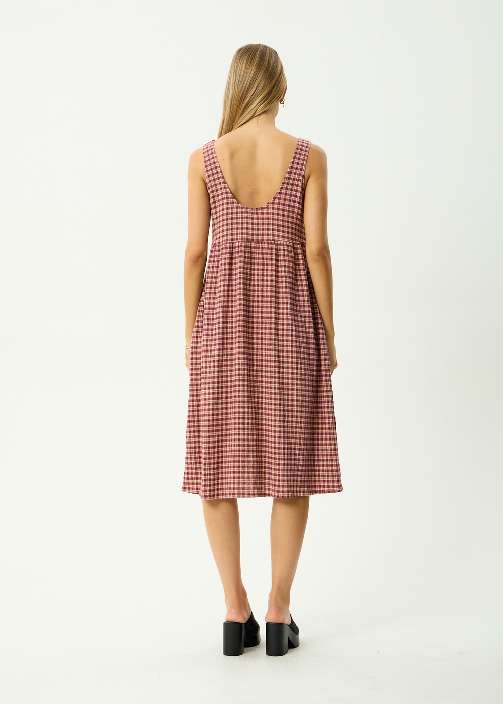 Womens Seersucker Midi Dress Capricorn - Burgundy / Beige Check - AFENDS
