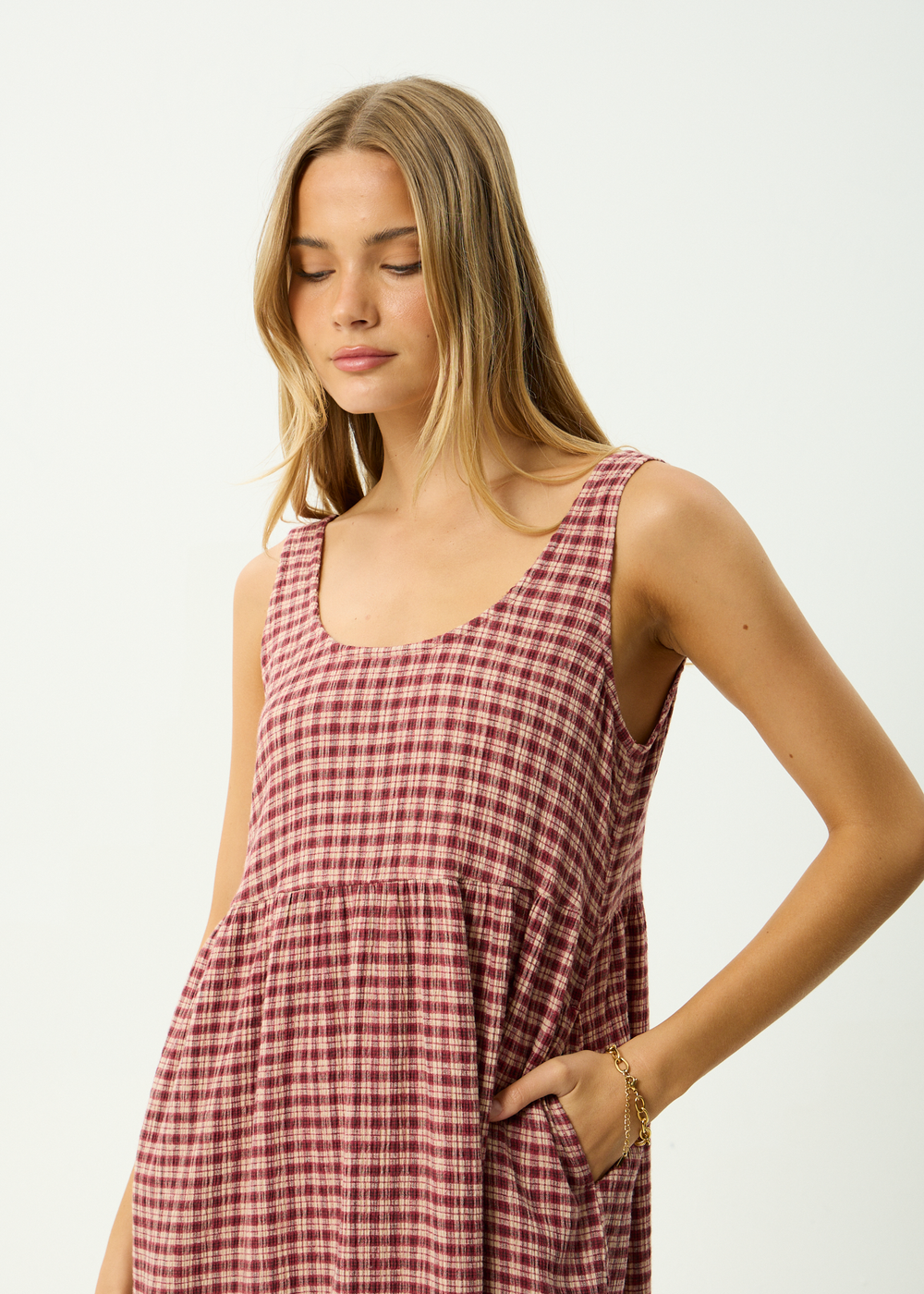 Womens Seersucker Midi Dress Capricorn - Burgundy / Beige Check - AFENDS