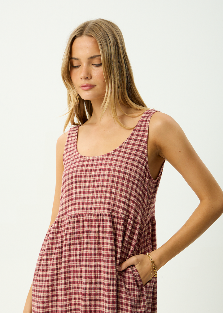 Capricorn Seersucker Midi Dress – Burgundy Check