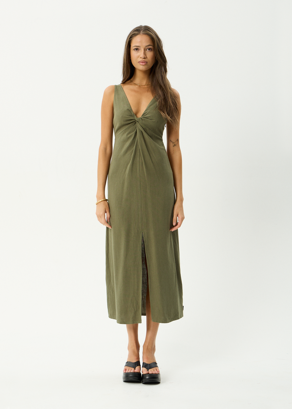Womens Linen Maxi Dress Halle - Deep Olive - AFENDS