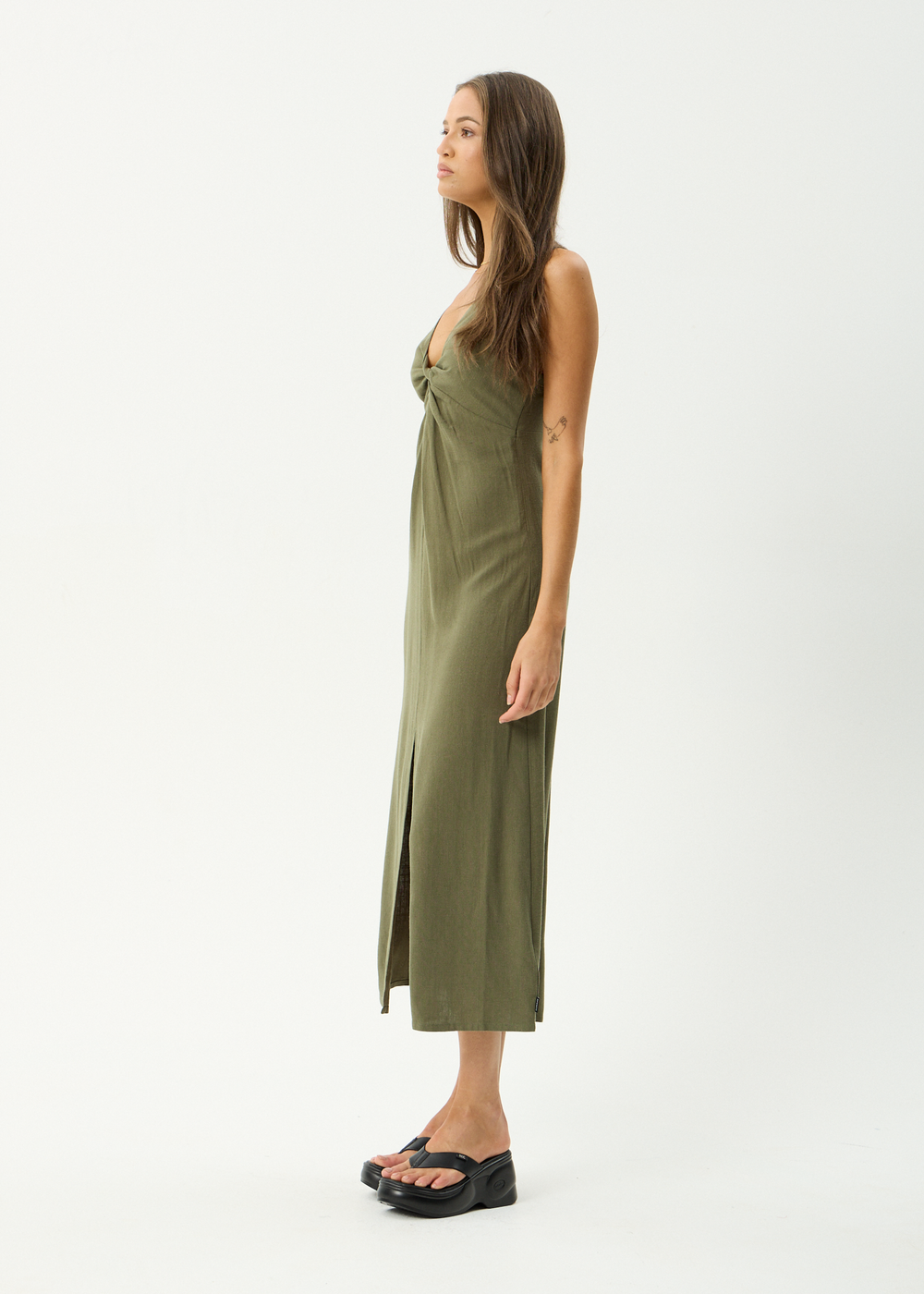 Womens Linen Maxi Dress Halle - Deep Olive - AFENDS