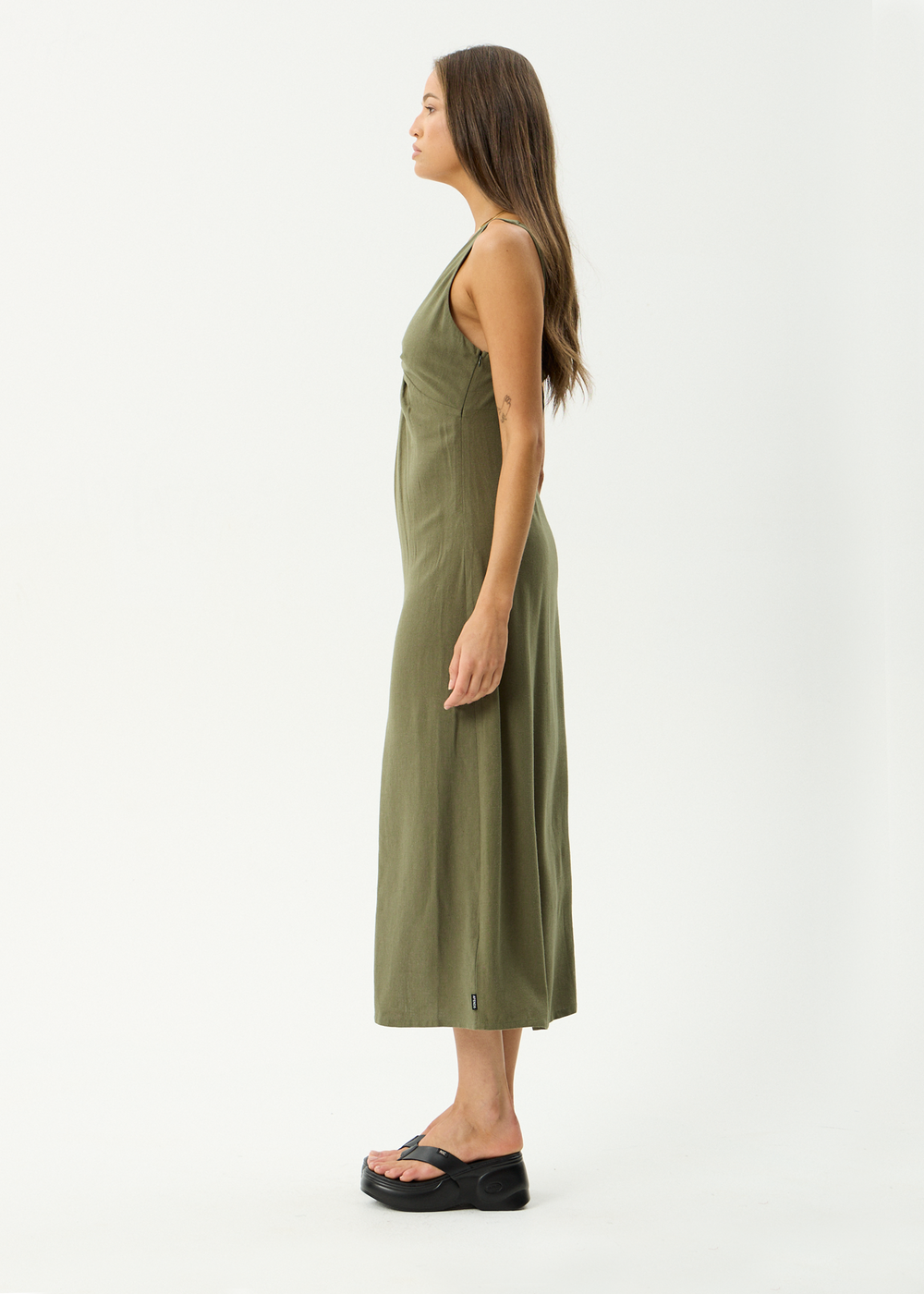 Womens Linen Maxi Dress Halle - Deep Olive - AFENDS