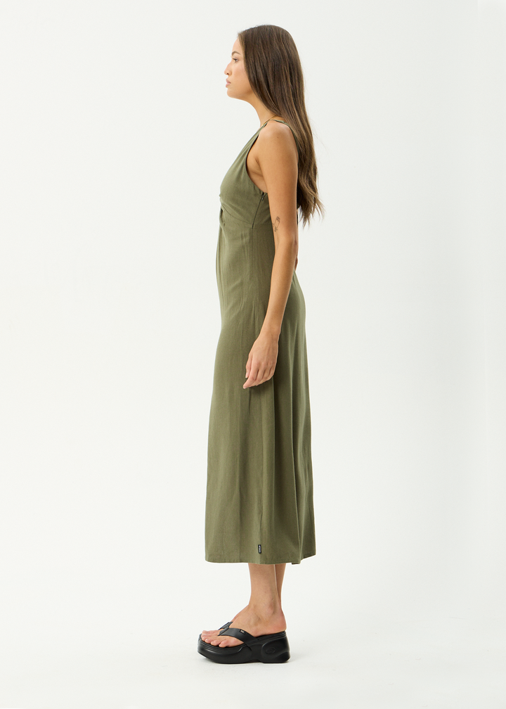 Halle Linen Maxi Dress – Deep Olive