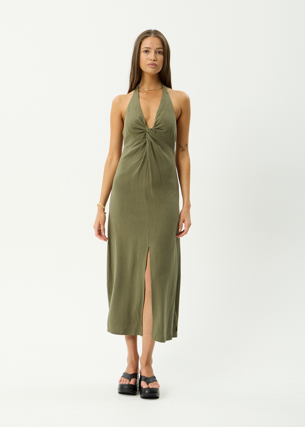 Womens Linen Maxi Dress Halle - Deep Olive - AFENDS