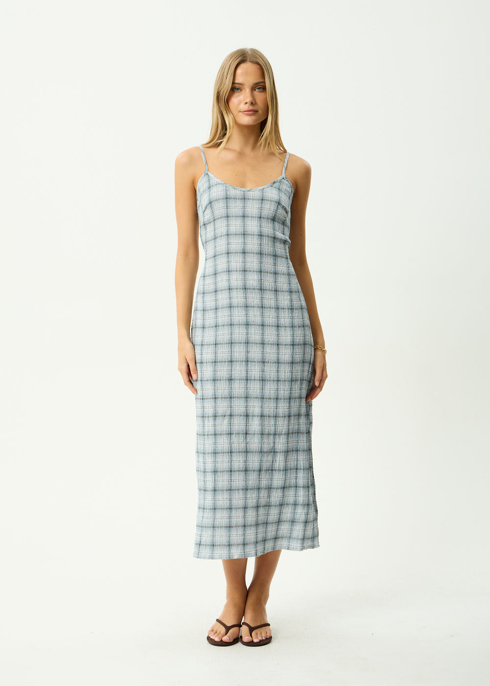 Womens Seersucker Midi Dress Rumi - Overcast Check - AFENDS