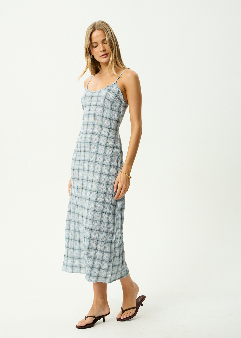 Womens Seersucker Midi Dress Rumi - Overcast Check - AFENDS