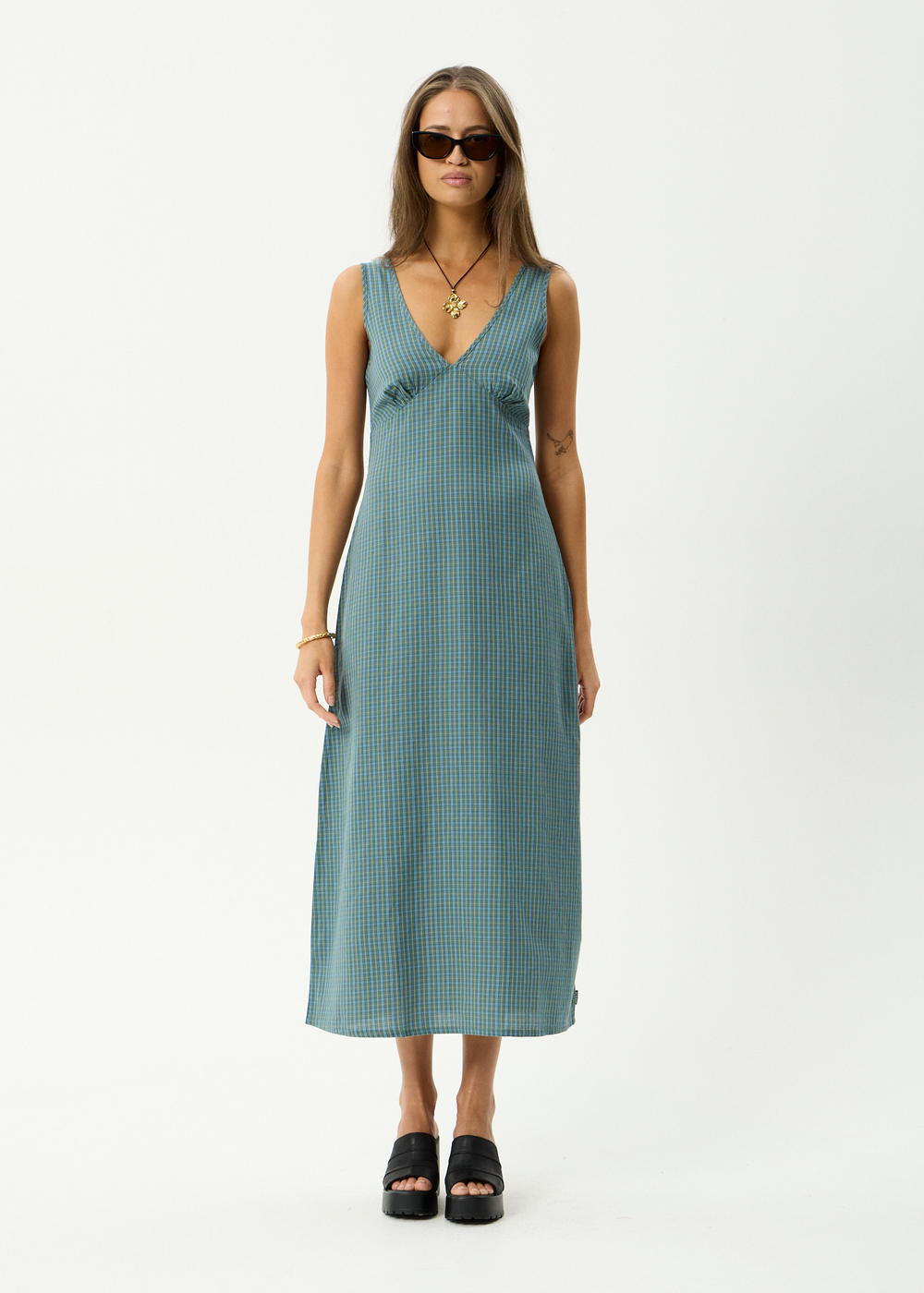 Womens Maxi Dress Voyager - Deep Olive Check - AFENDS