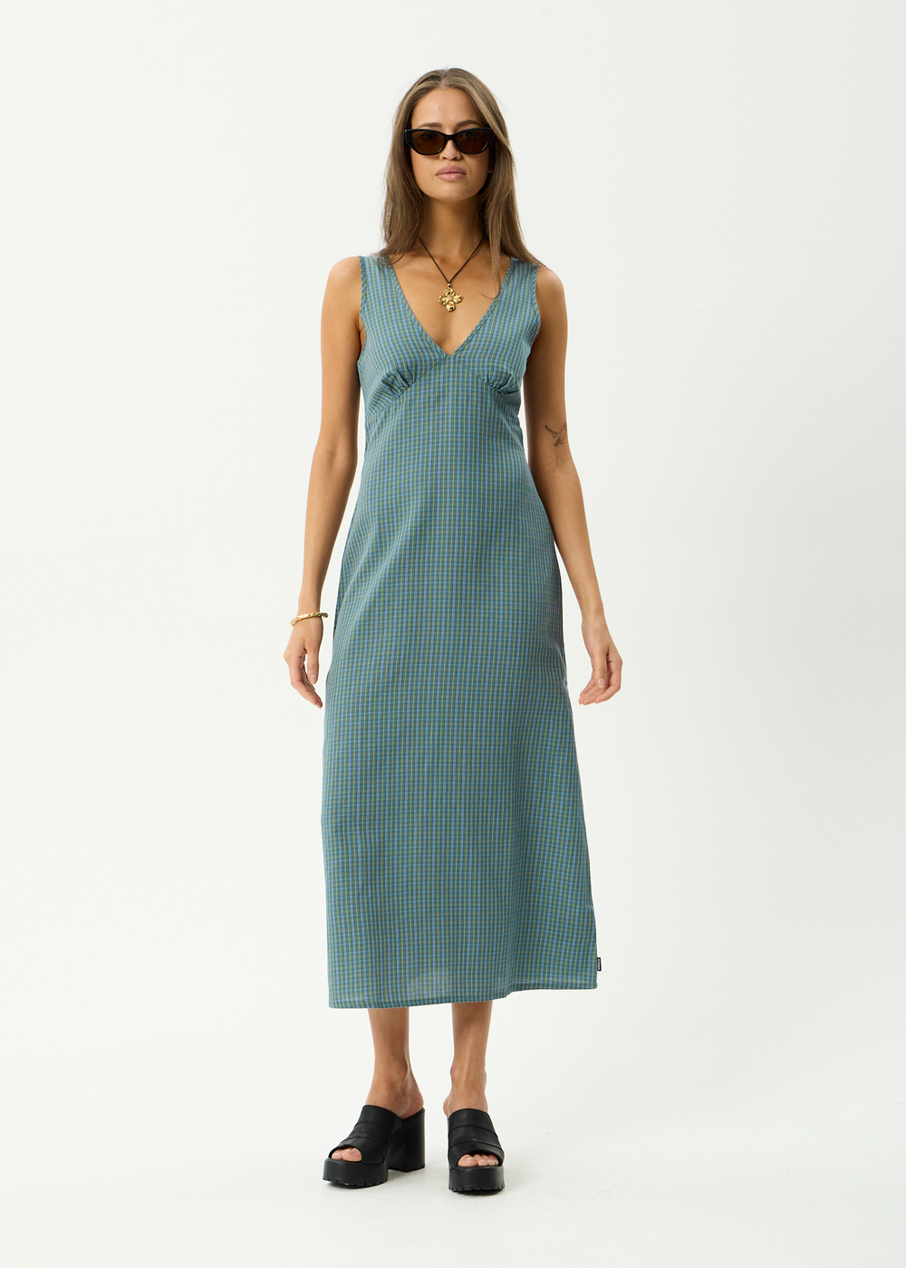 Womens Maxi Dress Voyager - Deep Olive Check - AFENDS