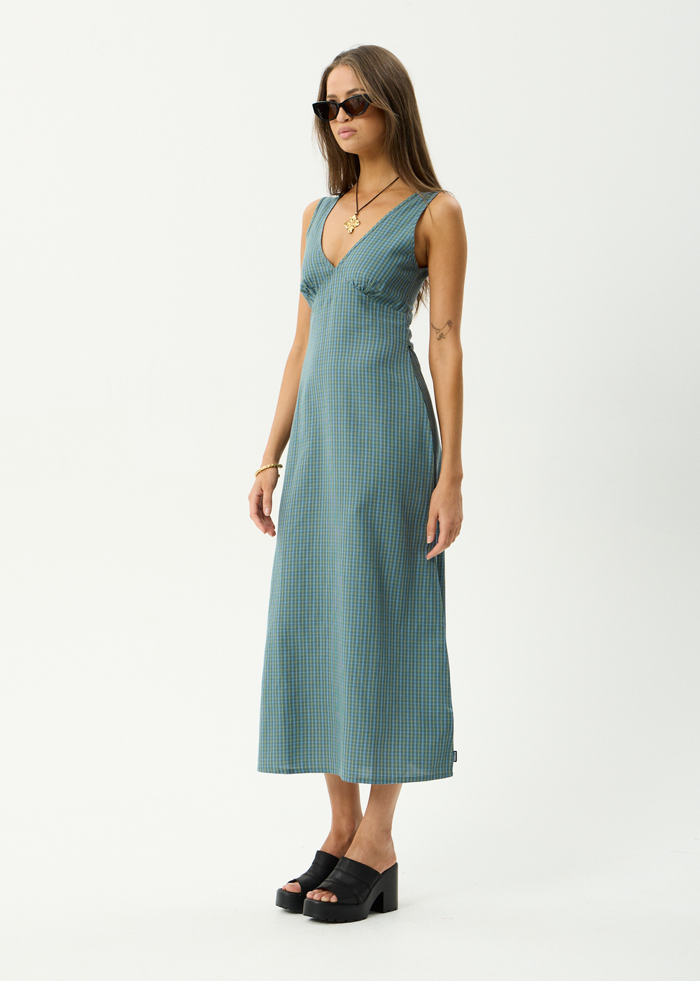 Womens Maxi Dress Voyager - Deep Olive Check - AFENDS