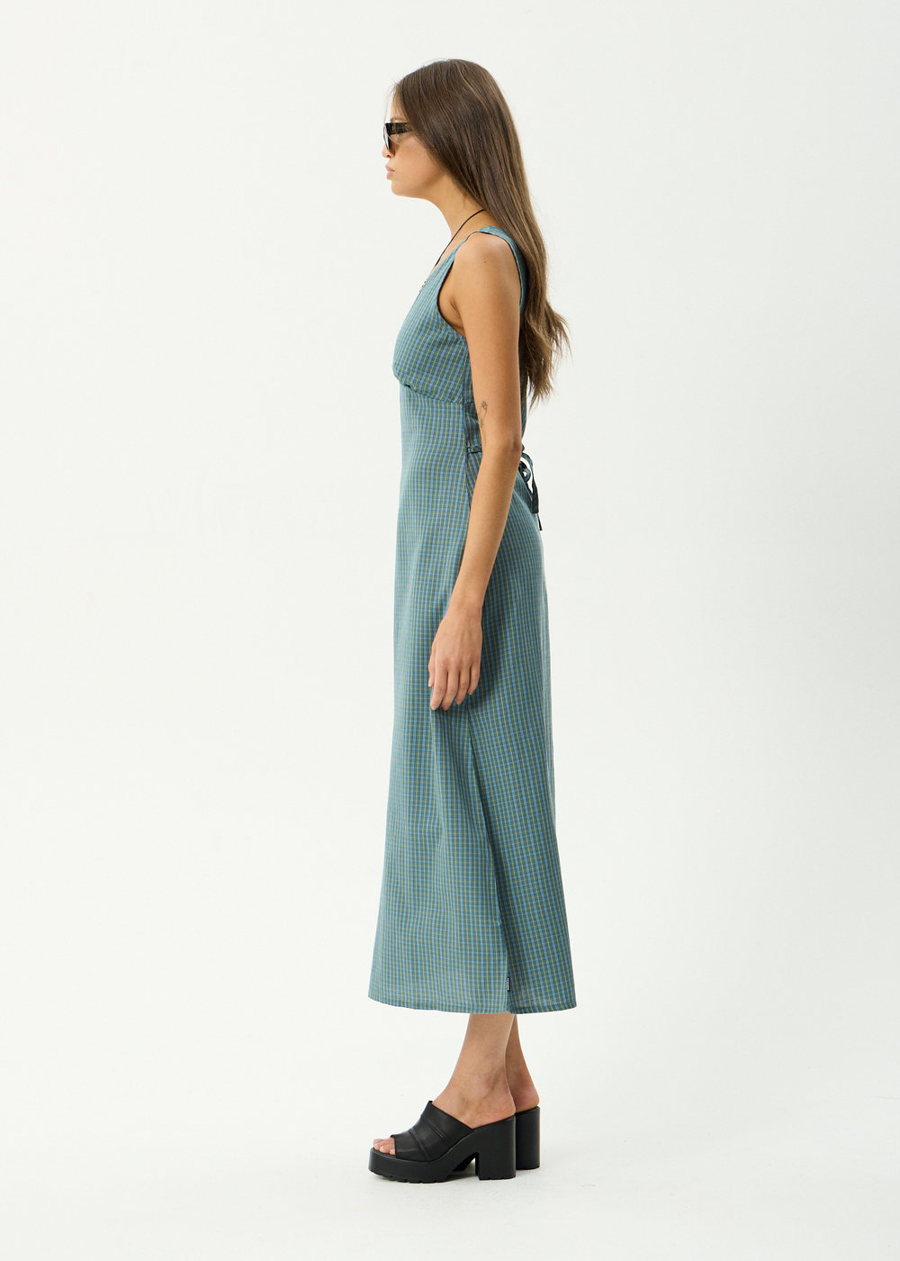Womens Maxi Dress Voyager - Deep Olive Check - AFENDS