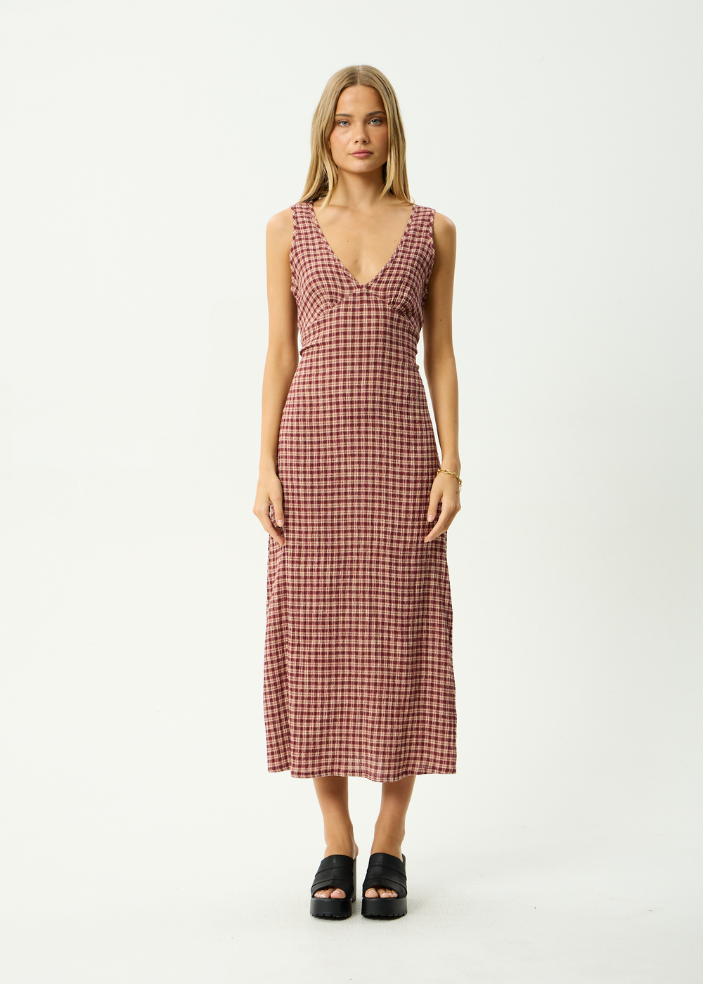 Womens Seersucker Maxi Dress Tully - Capricorn Burgundy / Beige Check - AFENDS