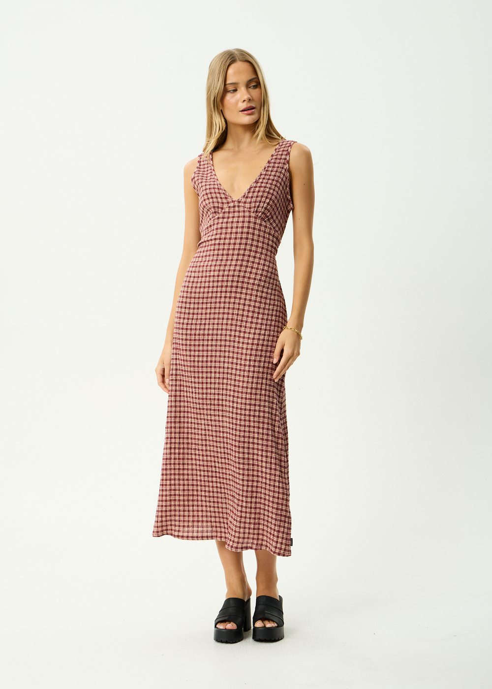 Womens Seersucker Maxi Dress Tully - Capricorn Burgundy / Beige Check - AFENDS