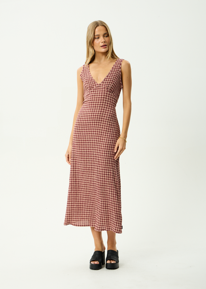 Capricorn Seersucker Maxi Dress – Burgundy Check