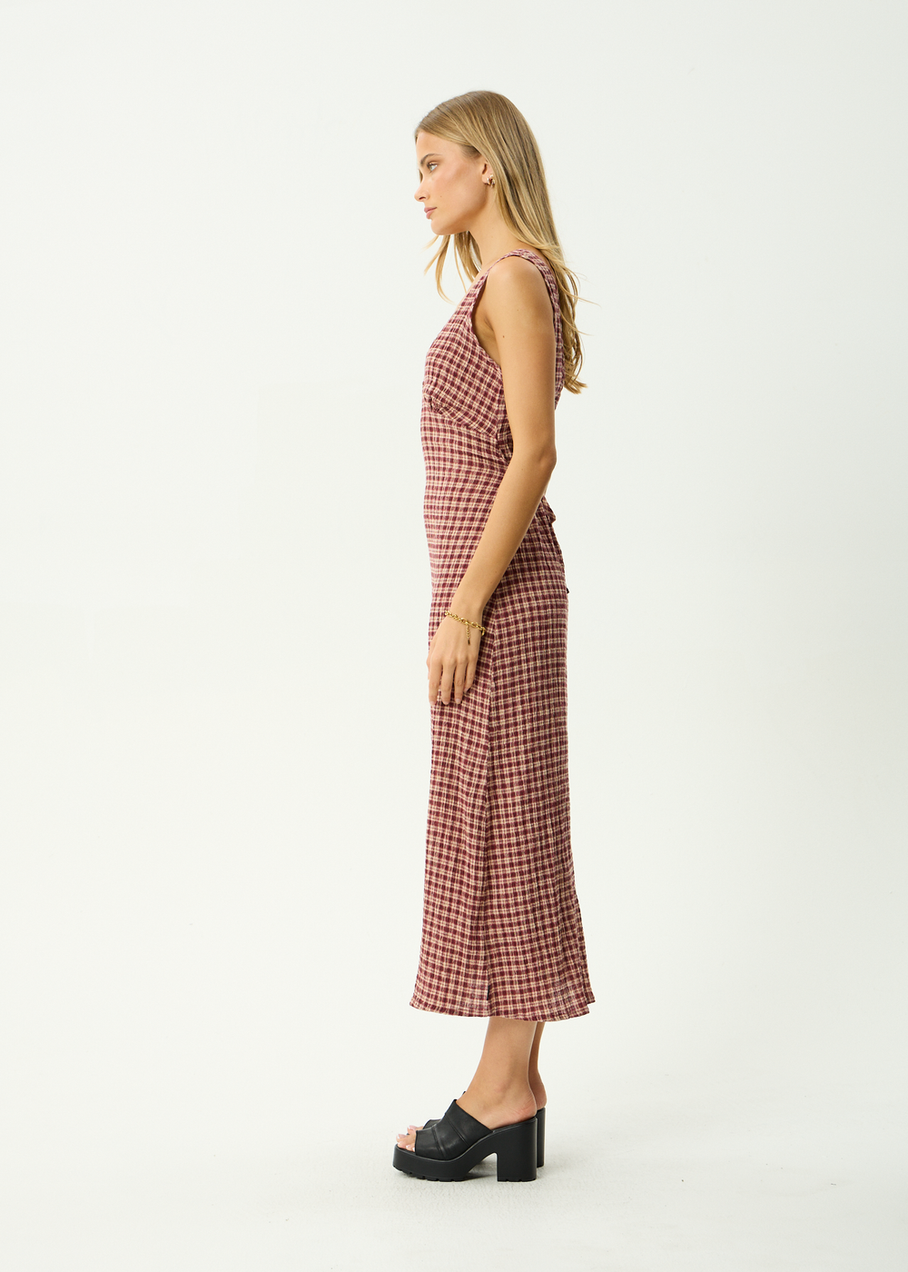Womens Seersucker Maxi Dress Tully - Capricorn Burgundy / Beige Check - AFENDS