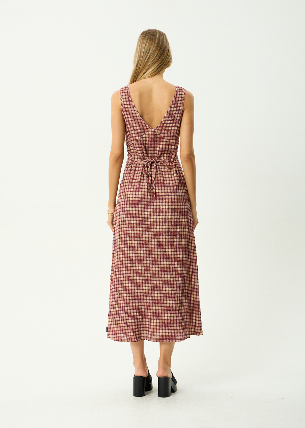 Womens Seersucker Maxi Dress Tully - Capricorn Burgundy / Beige Check - AFENDS