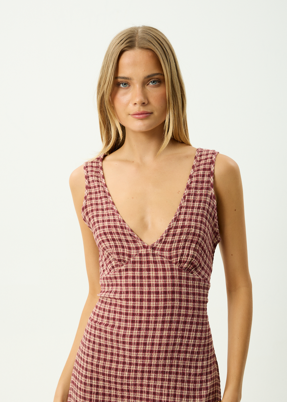 Womens Seersucker Maxi Dress Tully - Capricorn Burgundy / Beige Check - AFENDS