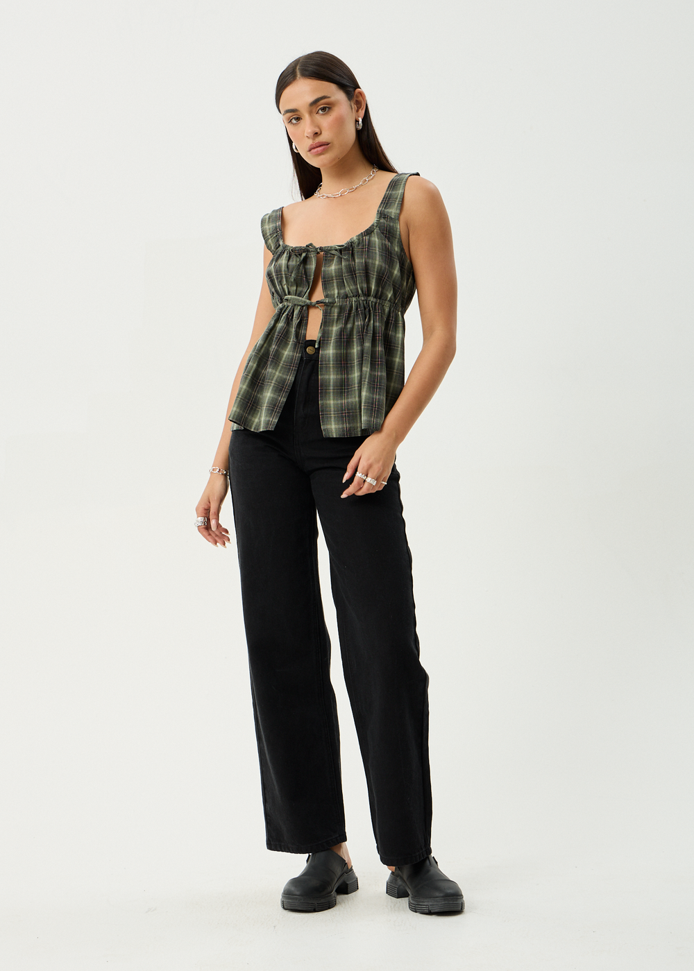 Womens Tie Top Jonah - Deep Olive Check - AFENDS