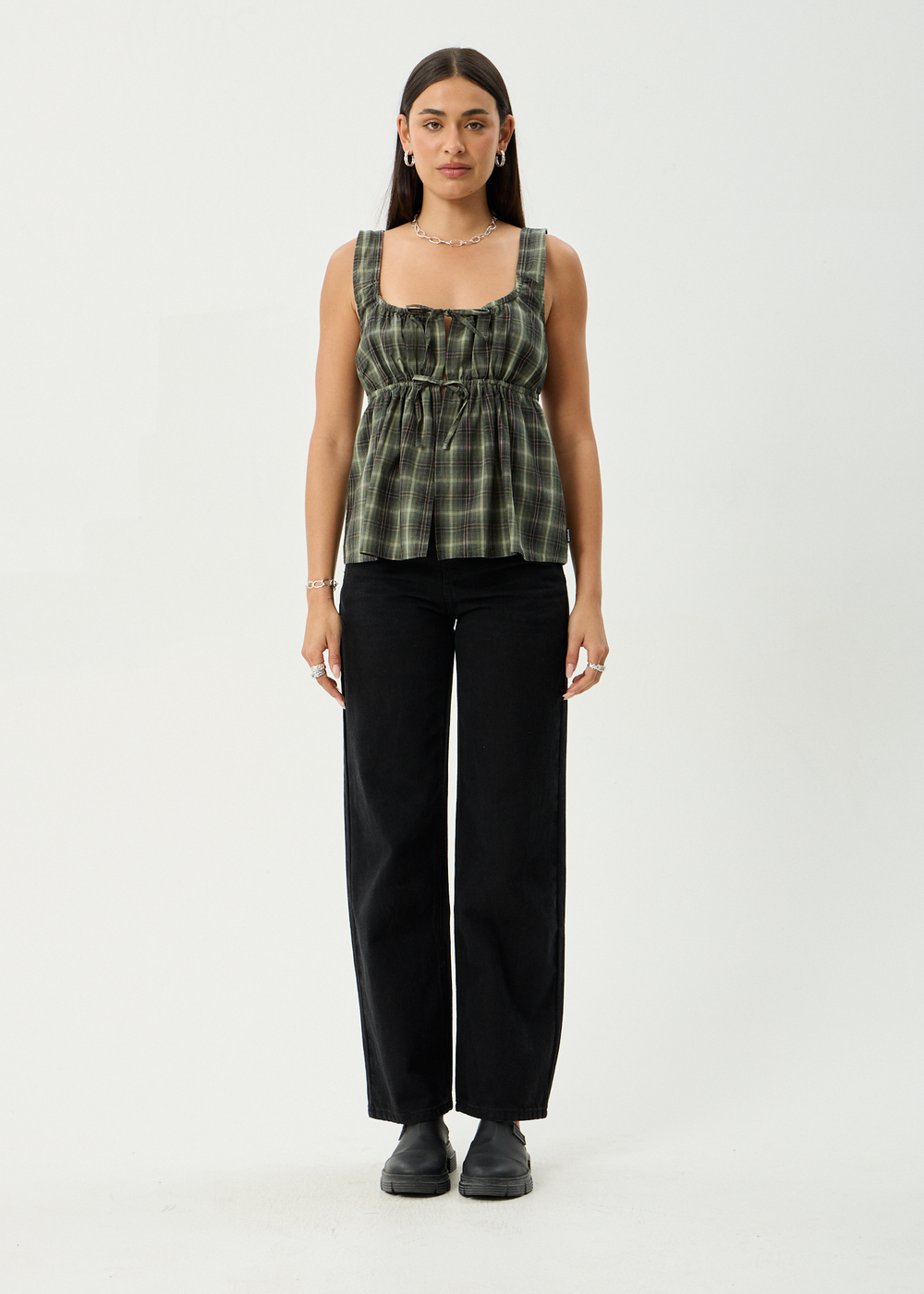 Womens Tie Top Jonah - Deep Olive Check - AFENDS