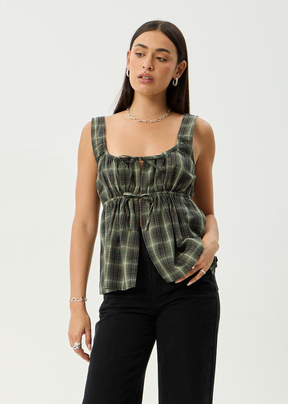 Womens Tie Top Jonah - Deep Olive Check - AFENDS