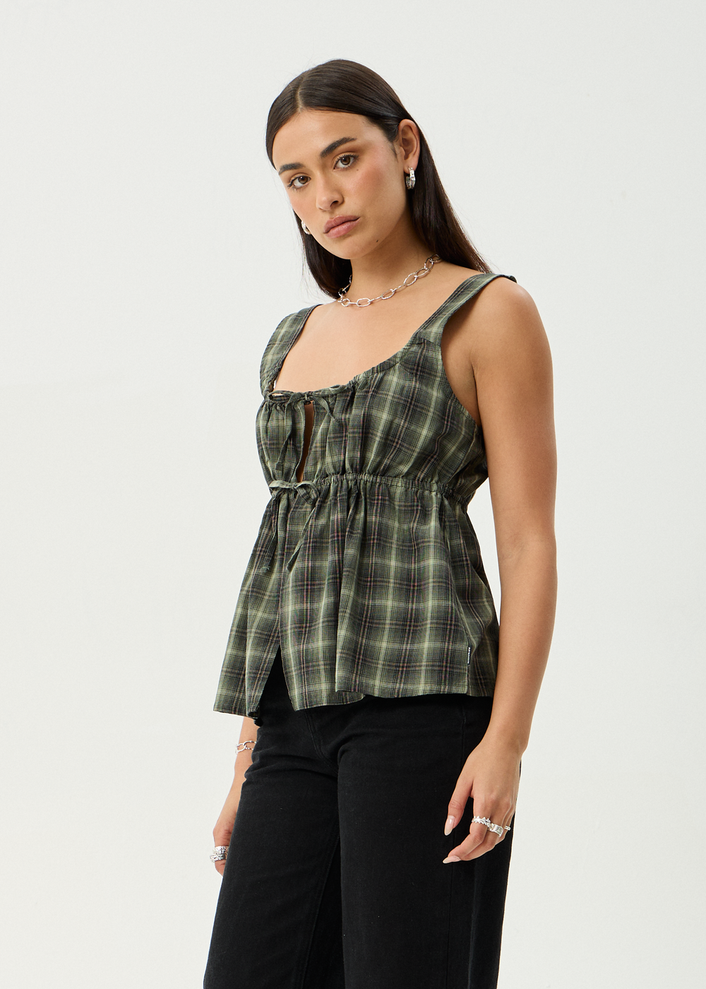Womens Tie Top Jonah - Deep Olive Check - AFENDS