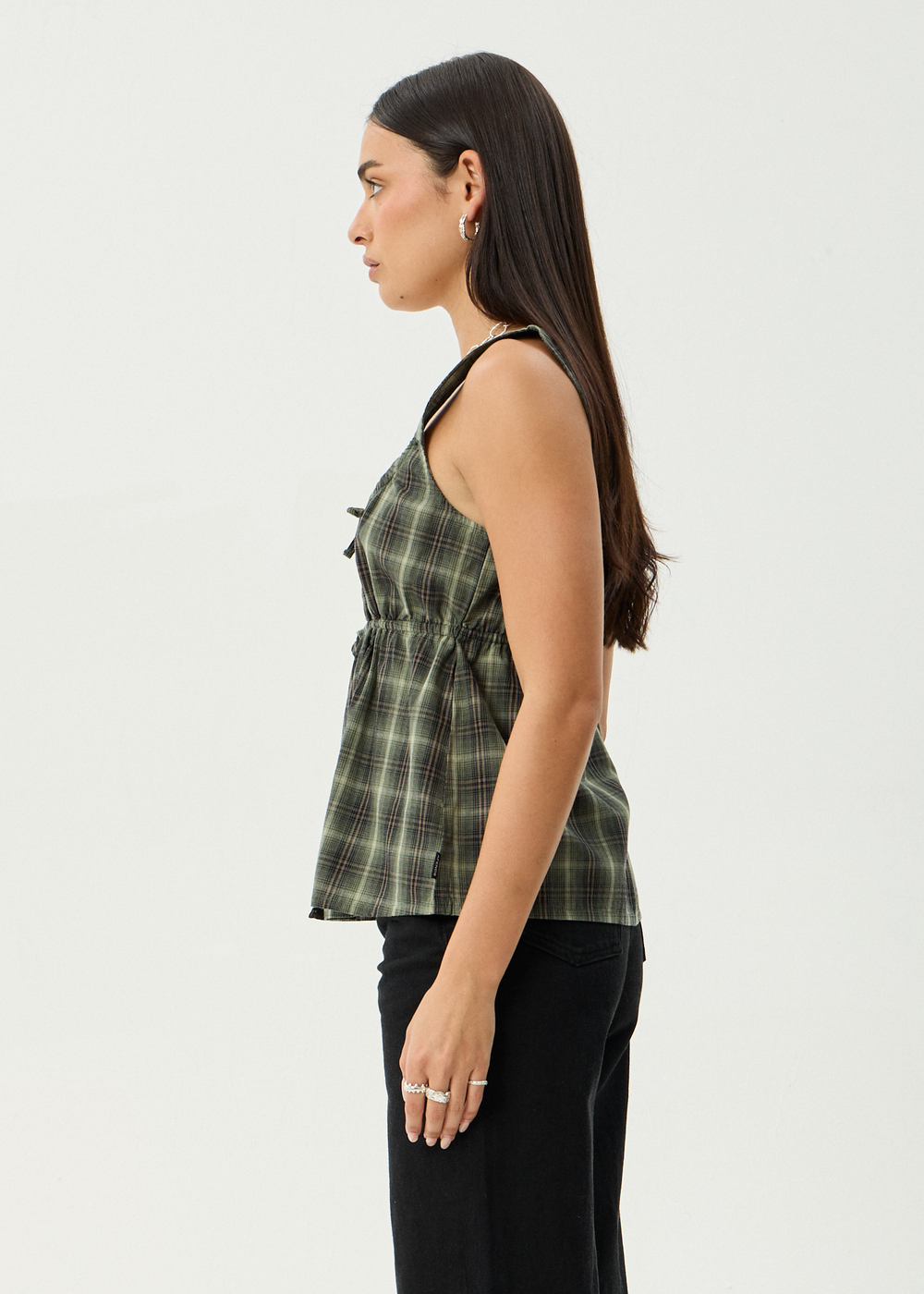 Womens Tie Top Jonah - Deep Olive Check - AFENDS