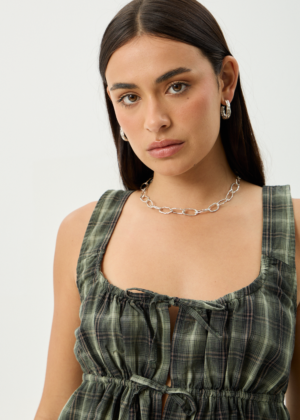 Womens Tie Top Jonah - Deep Olive Check - AFENDS