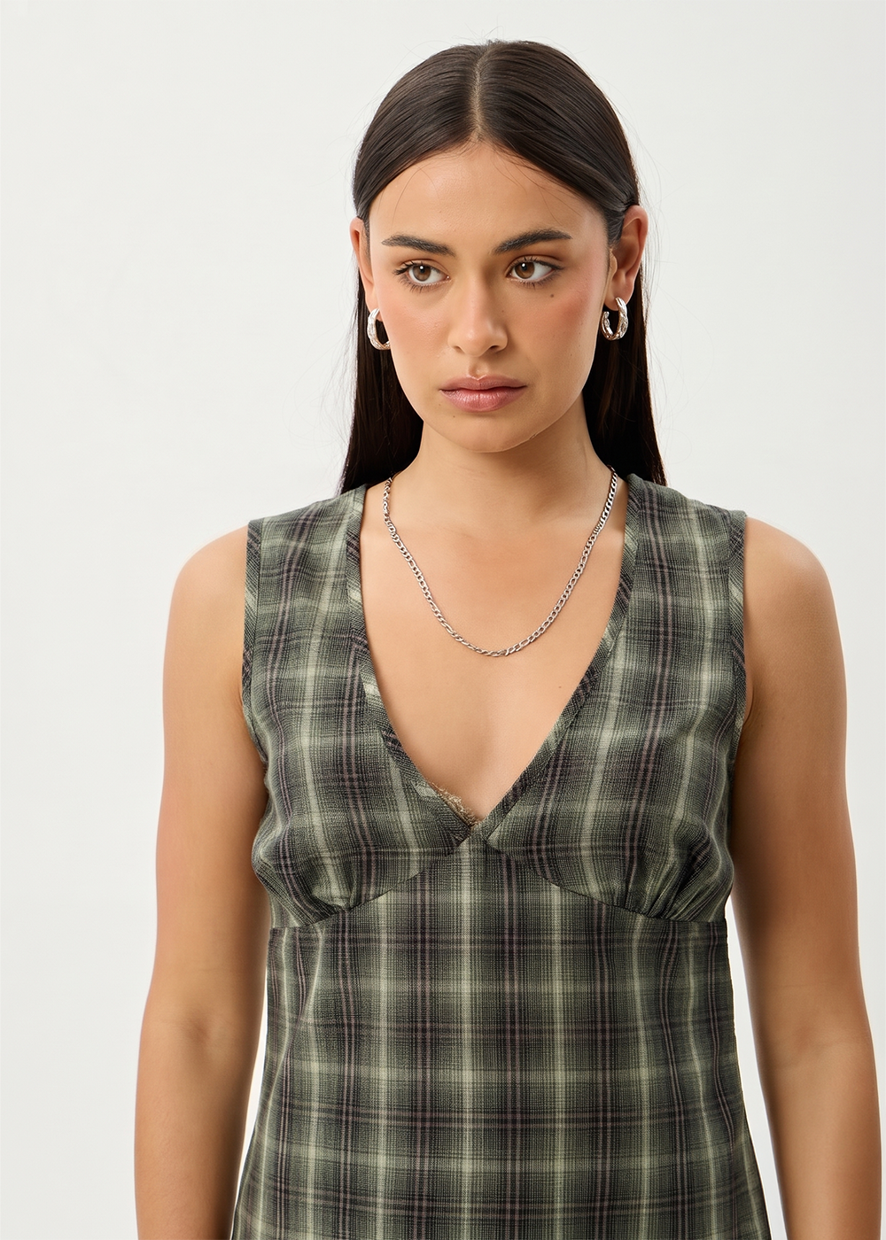 Womens Mini Dress Jonah - Deep Olive Check - AFENDS
