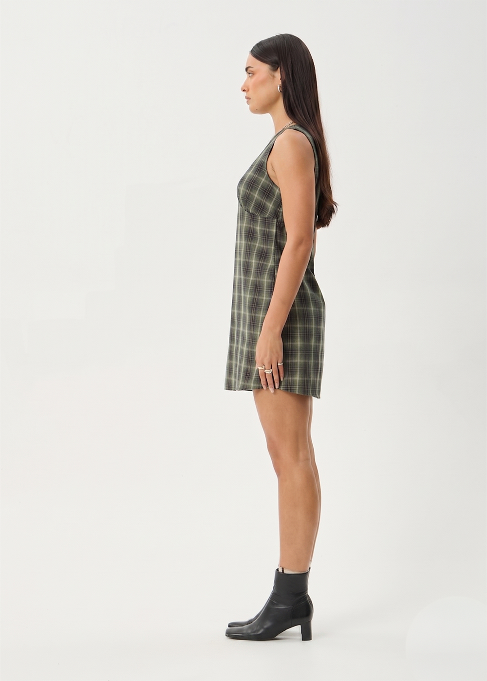 Womens Mini Dress Jonah - Deep Olive Check - AFENDS