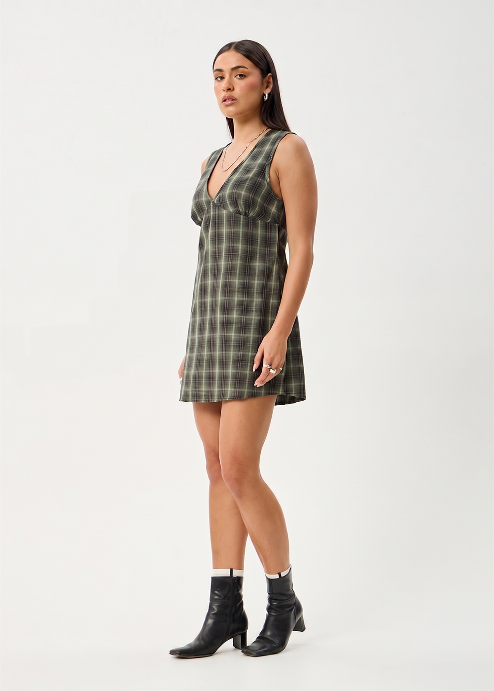 Womens Mini Dress Jonah - Deep Olive Check - AFENDS