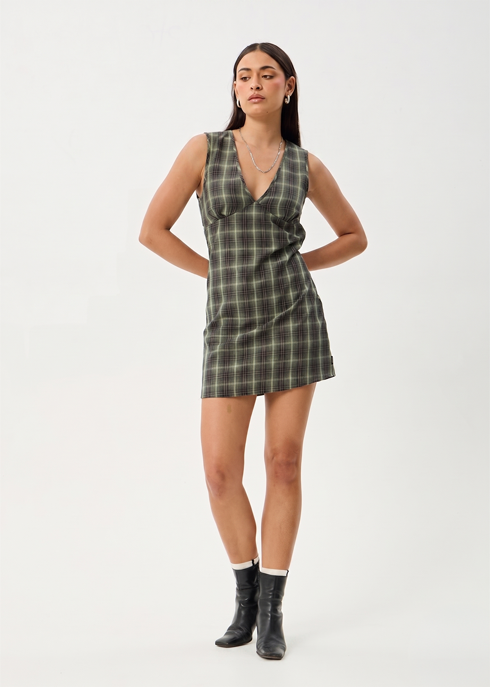 Womens Mini Dress Jonah - Deep Olive Check - AFENDS