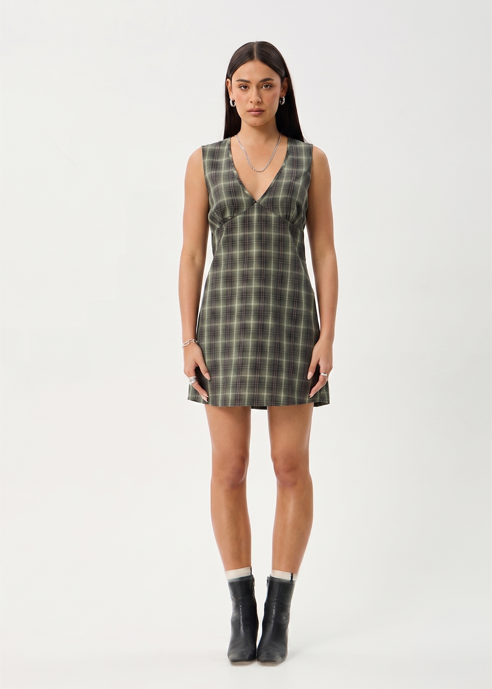 Womens Mini Dress Jonah - Deep Olive Check - AFENDS