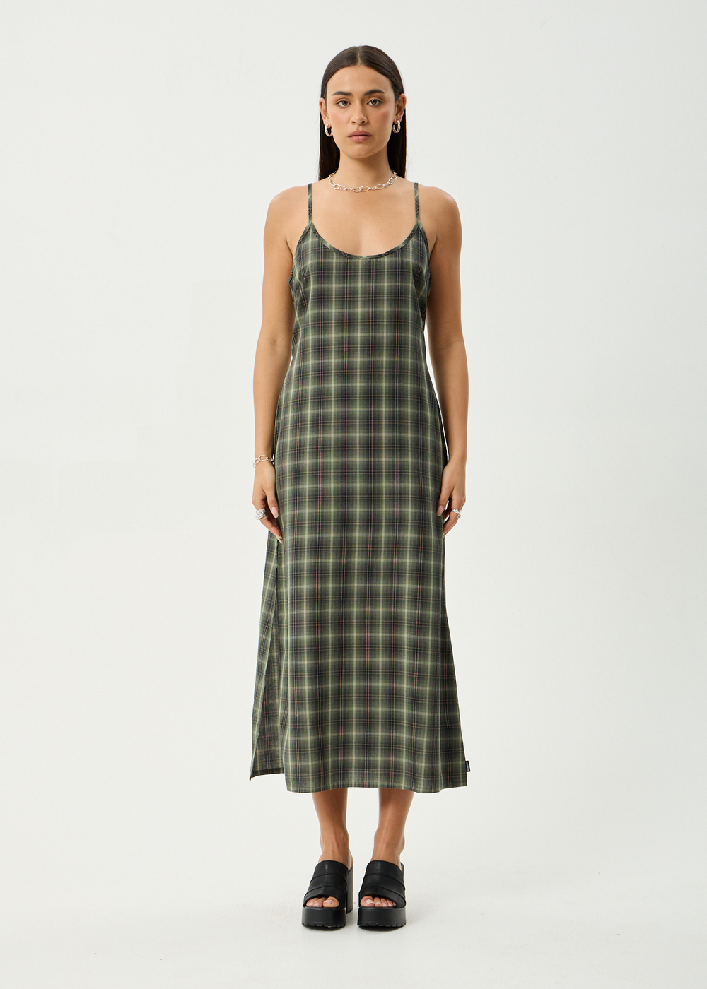 Womens Maxi Dress Valley - Jonah Deep Olive Check - AFENDS