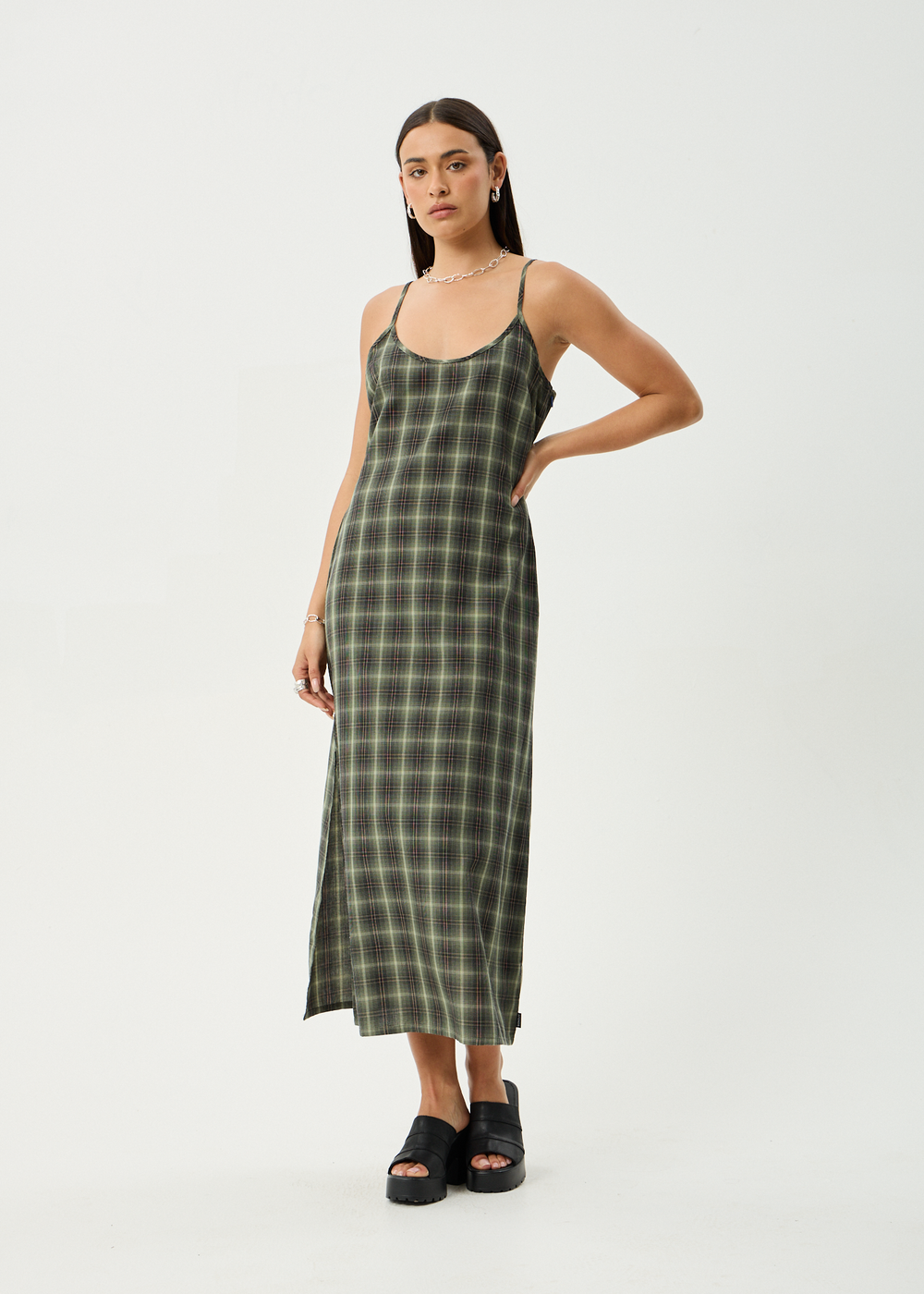 Womens Maxi Dress Valley - Jonah Deep Olive Check - AFENDS