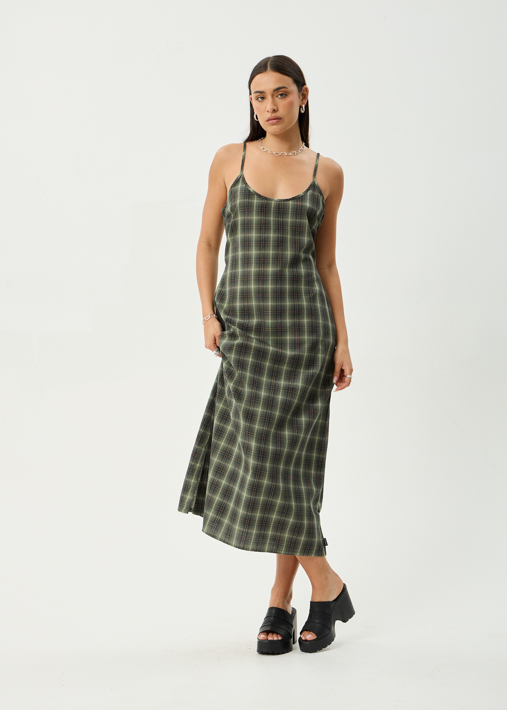 Womens Maxi Dress Valley - Jonah Deep Olive Check - AFENDS