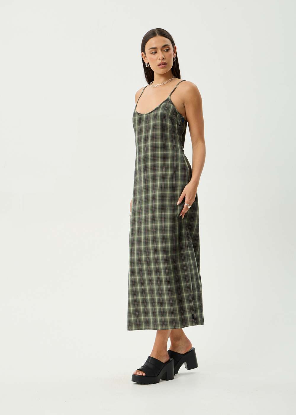 Womens Maxi Dress Valley - Jonah Deep Olive Check - AFENDS