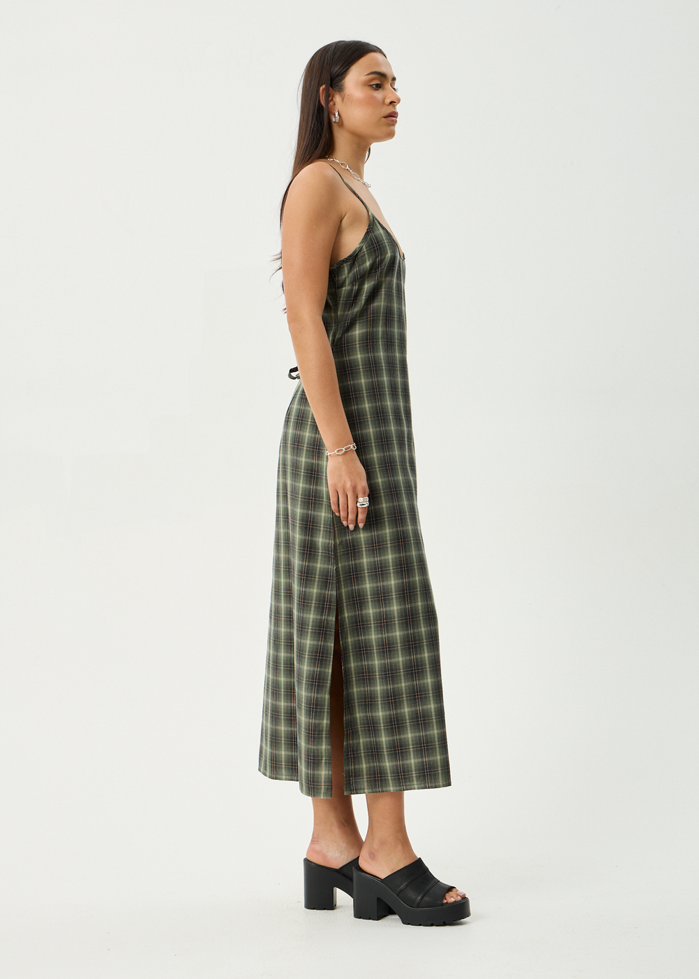 Womens Maxi Dress Valley - Jonah Deep Olive Check - AFENDS
