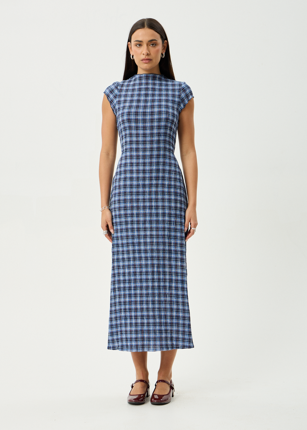 Womens Seersucker Midi Dress Elodie - Mountains Navy Red Check - AFENDS