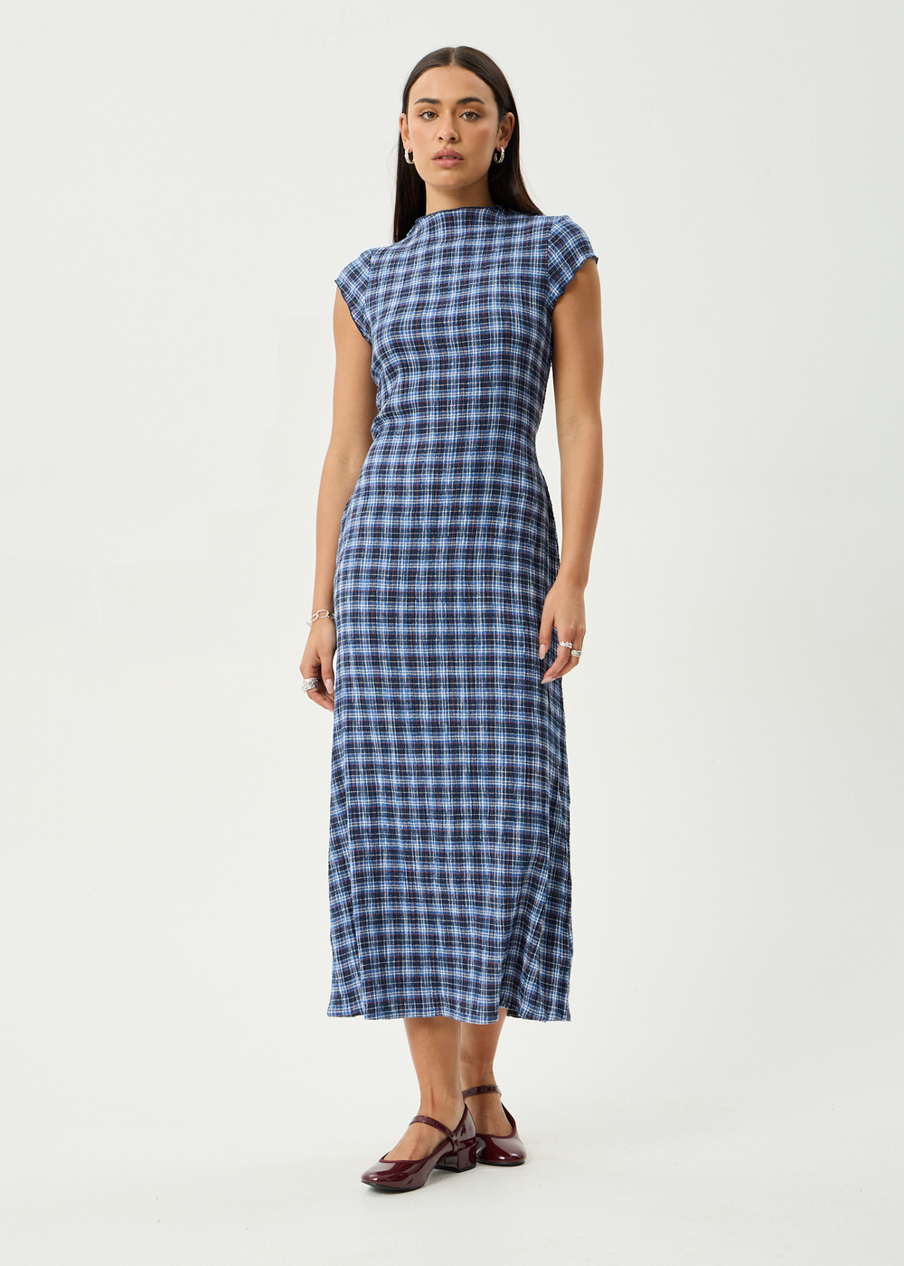 Womens Seersucker Midi Dress Elodie - Mountains Navy Red Check - AFENDS