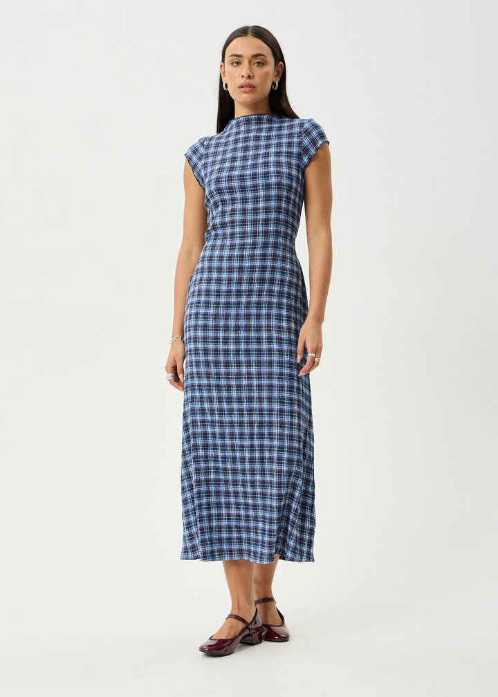 Elodie Seersucker Midi Dress – Navy Red Check