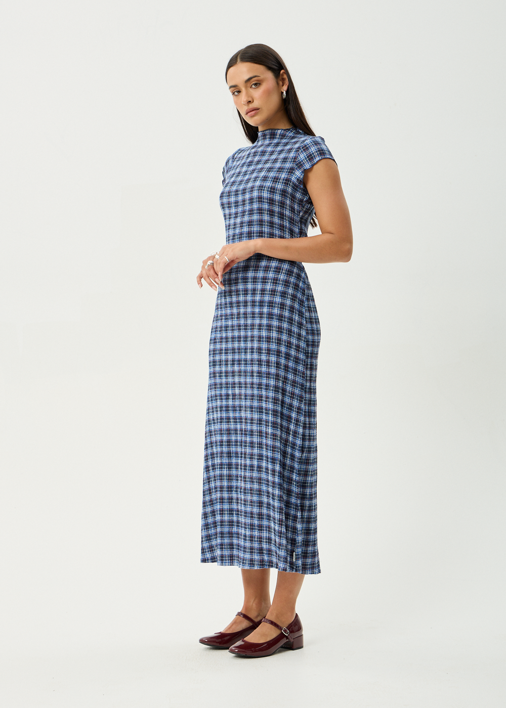 Womens Seersucker Midi Dress Elodie - Mountains Navy Red Check - AFENDS