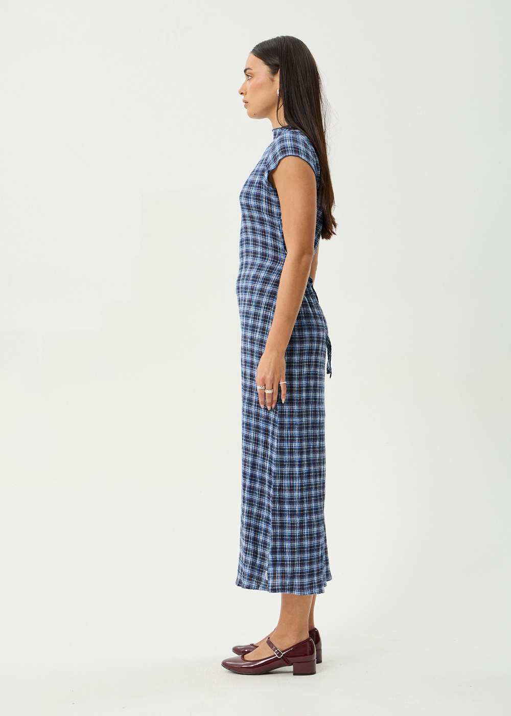 Womens Seersucker Midi Dress Elodie - Mountains Navy Red Check - AFENDS