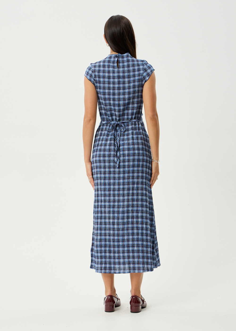 Womens Seersucker Midi Dress Elodie - Mountains Navy Red Check - AFENDS