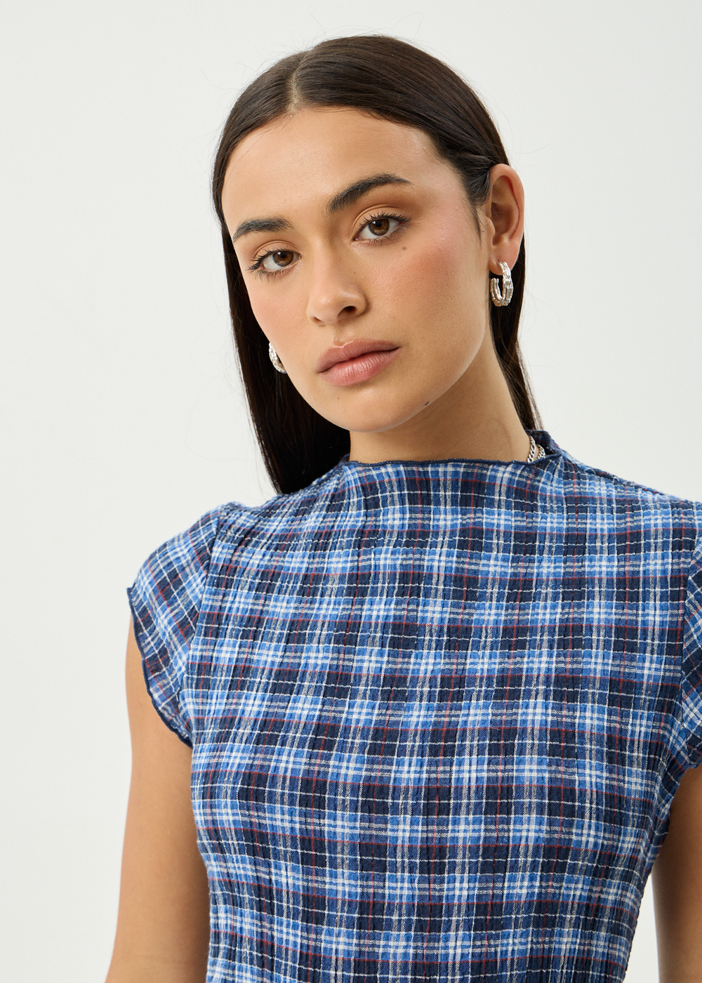 Womens Seersucker Midi Dress Elodie - Mountains Navy Red Check - AFENDS