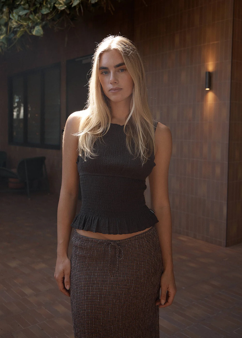 Womens Seersucker Sleeveless Top Cedar - Coffee - AFENDS