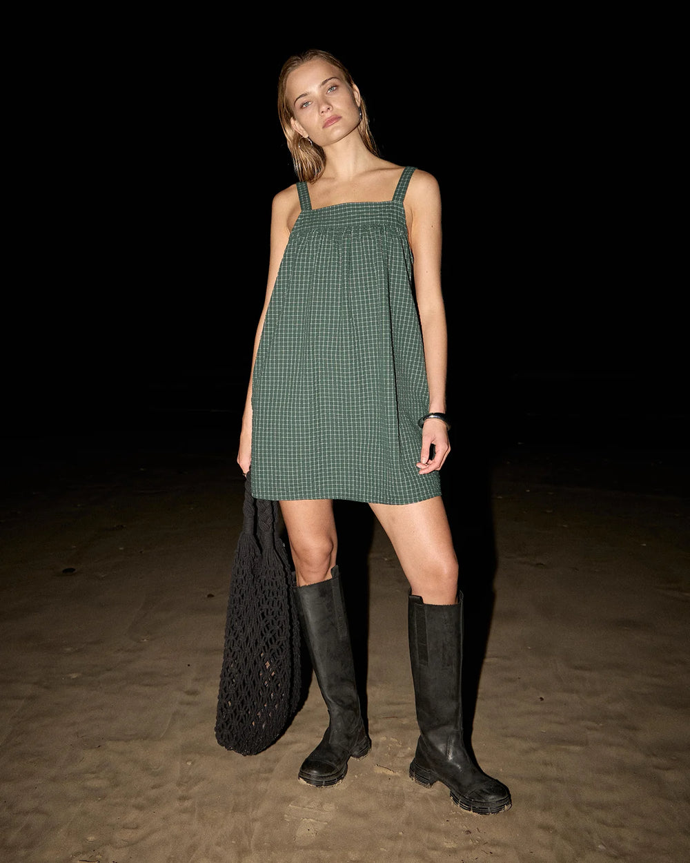 Womens Seersucker Mini Dress Inka - Reverb Pine Check - AFENDS