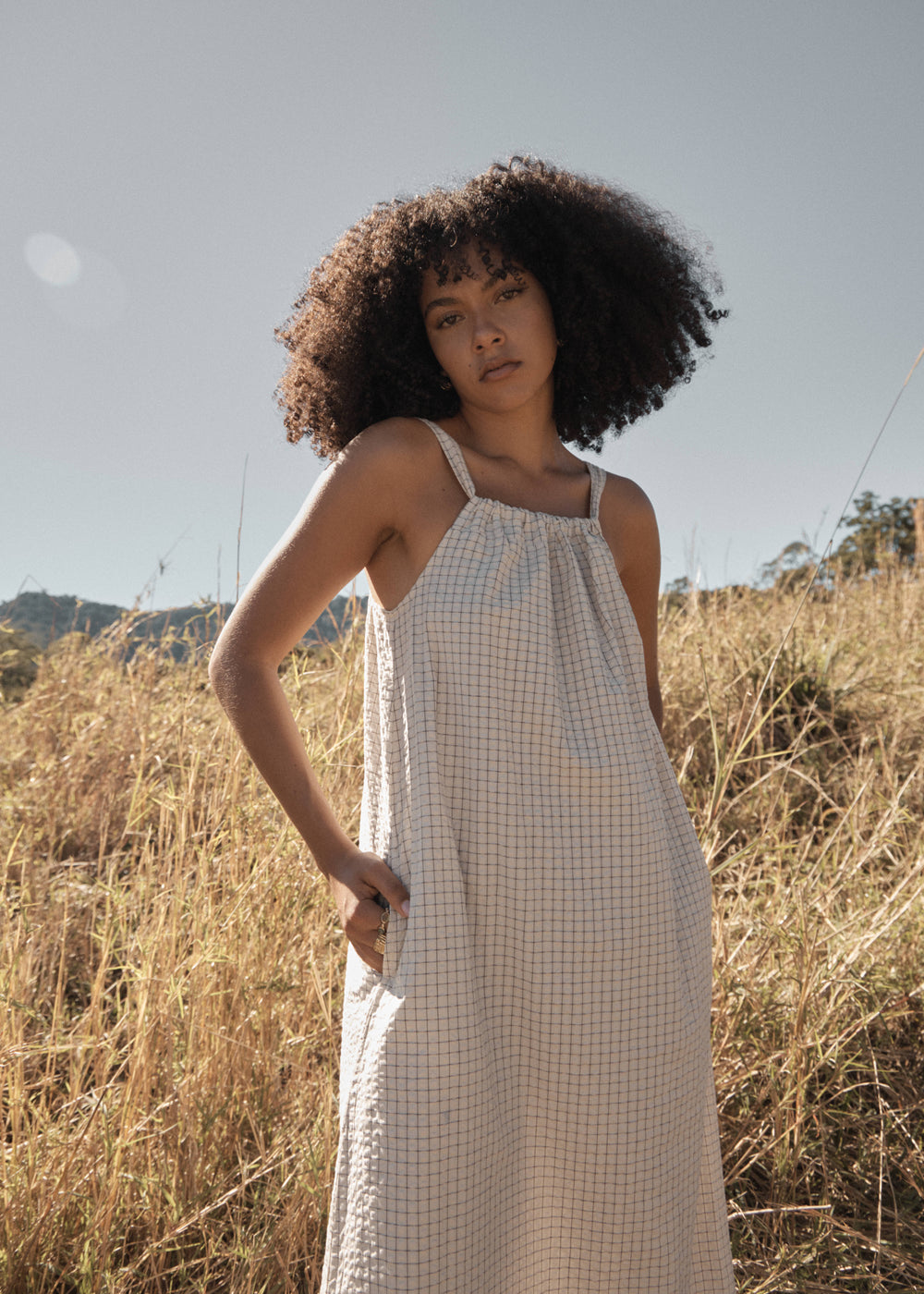 Womens Seersucker Maxi Dress Vania - Reverb Moonbeam Check - AFENDS