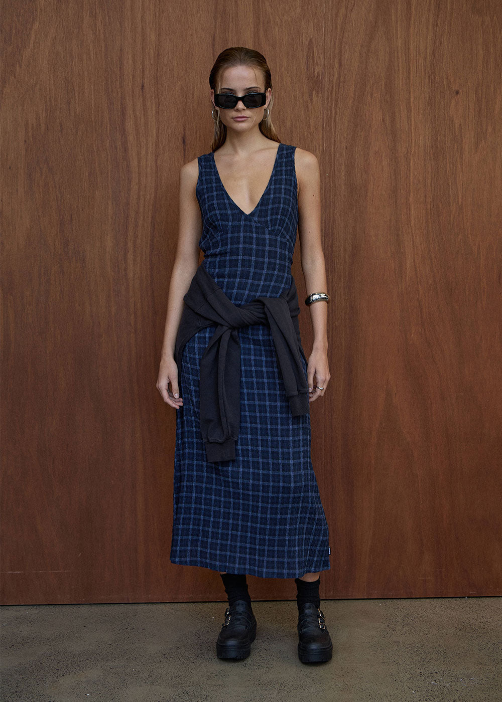 Womens Seersucker Maxi Dress Tully - Thea Midnight Check - AFENDS