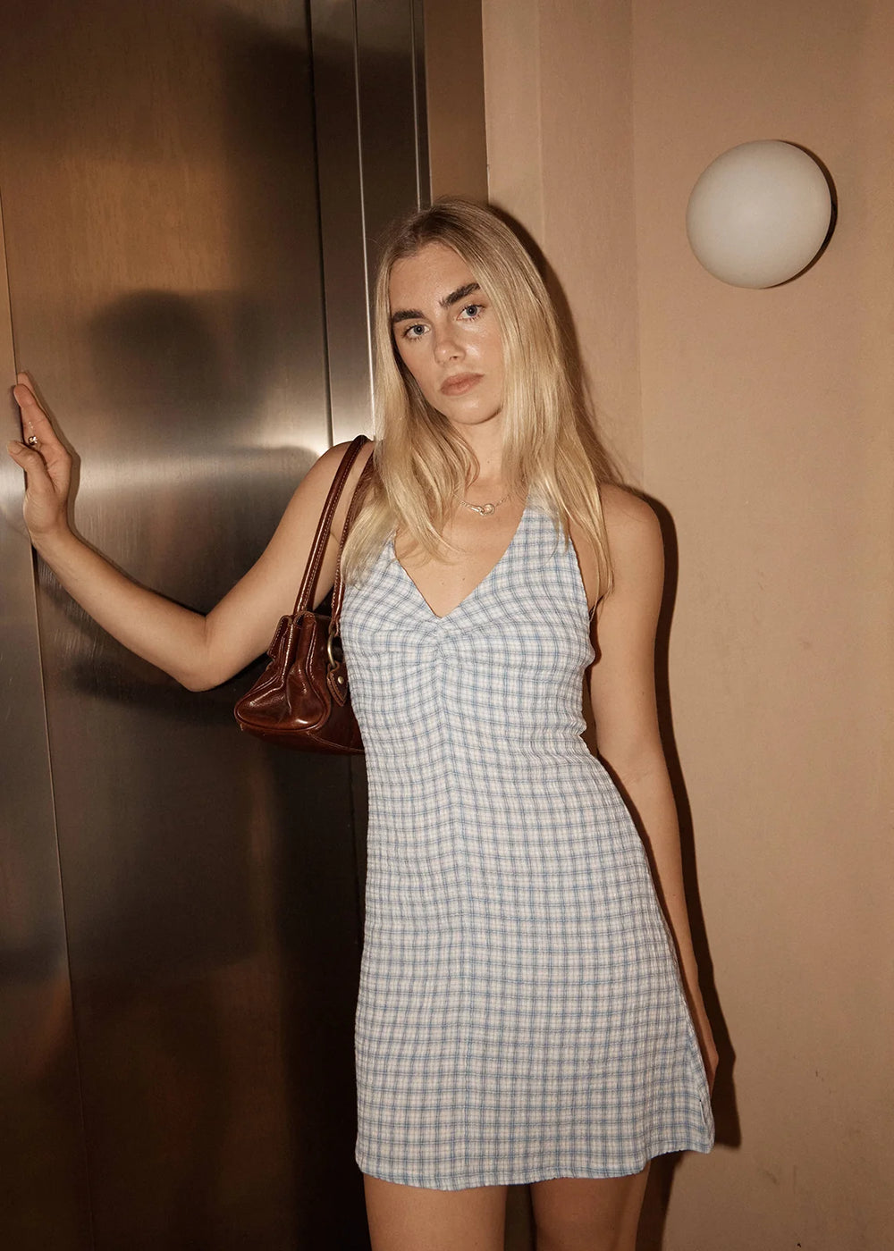 Womens Seersucker Halter Mini Dress Montana - Powder Blue Check - AFENDS