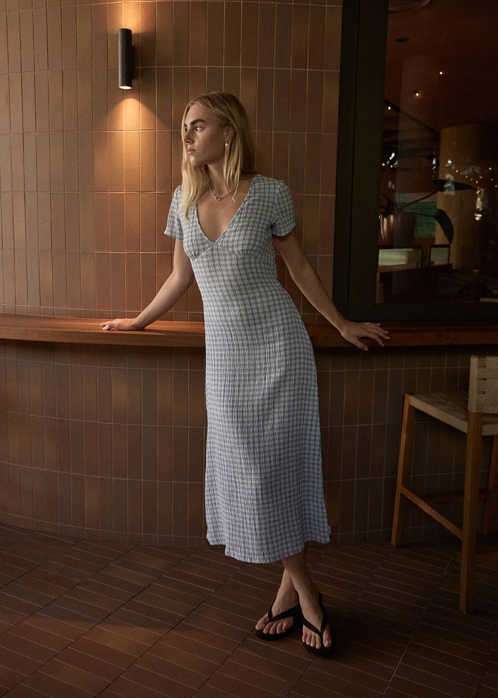 Womens Seersucker Maxi Dress Maeve - Powder Blue Check - AFENDS
